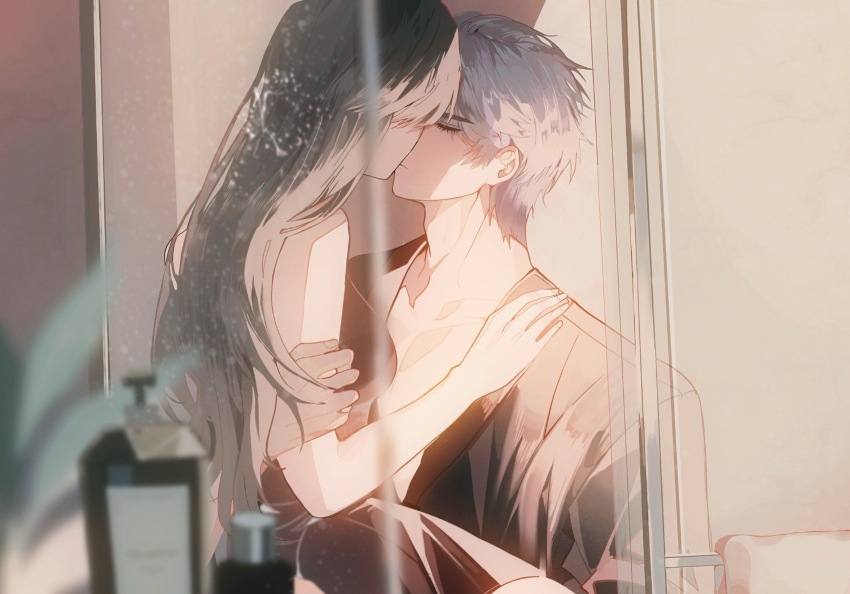 1boy, 1girl, absurdres, adam's_apple, black_dress, blurry, blurry_foreground, brown_hair