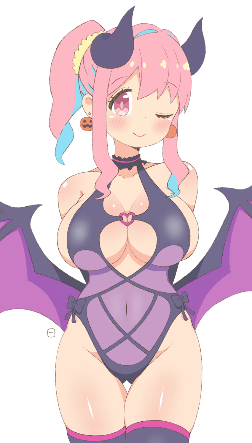1girl, absurdres, arms_behind_back, bare_shoulders, bat_wings, blue_hair, blush, breasts, cosplay, covered_navel, cowboy_shot, curvy, demon_girl, dokadayo, earrings, food-themed_earrings, food_themed_earrings, gluteal_fold, halterneck, highleg, highleg_leotard, highres, horns, hozuki_kaede, jewelry, large_breasts, leotard, looking_at_viewer, low_wings, medium_hair, multicolored_hair, one_eye_closed, onii-chan_wa_oshimai!, pink_eyes, pink_hair, ponytail, pumpkin_earrings, shiny_skin, side_ponytail, sidelocks, simple_background, solo, thigh_gap, thighhighs, white_background, wide_hips, wings