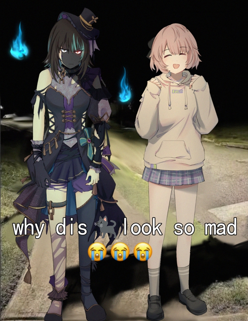 2girls, ^_^, black_dress, black_gloves, black_hat, black_skirt, black_thighhighs, blue_eyes, blue_fire, breasts, brown_hair, brown_hoodie, clenched_hands, closed_eyes, dress, emoji, english_text, fire, frown, gloves, glowing, glowing_eyes, grey_shorts, grey_skirt, hat, heterochromia, highres, hood, hood_down, hoodie, idolmaster, idolmaster_shiny_colors, ikaruga_luca, ikuta_haruki, looking_at_viewer, medium_breasts, meme, miemie_1016, mini_hat, multiple_girls, photo_background, plaid_clothes, plaid_skirt, red_eyes, shaded_face, shadow, shorts, single_glove, single_thighhigh, skirt, sleeves_past_wrists, small_breasts, smile, thigh_strap, thighhighs, torn_clothes, torn_socks, why_dis_ninja_look_so_mad_(meme)