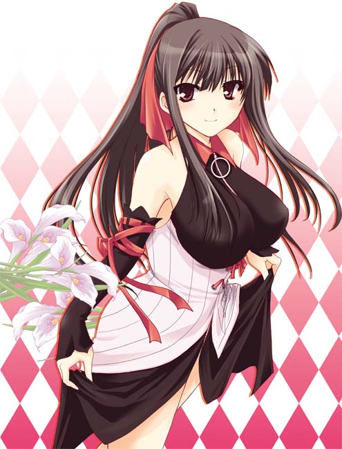 1girl, bad_link, black_dress, black_hair, breasts, brown_eyes, clothes_lift, commentary_request