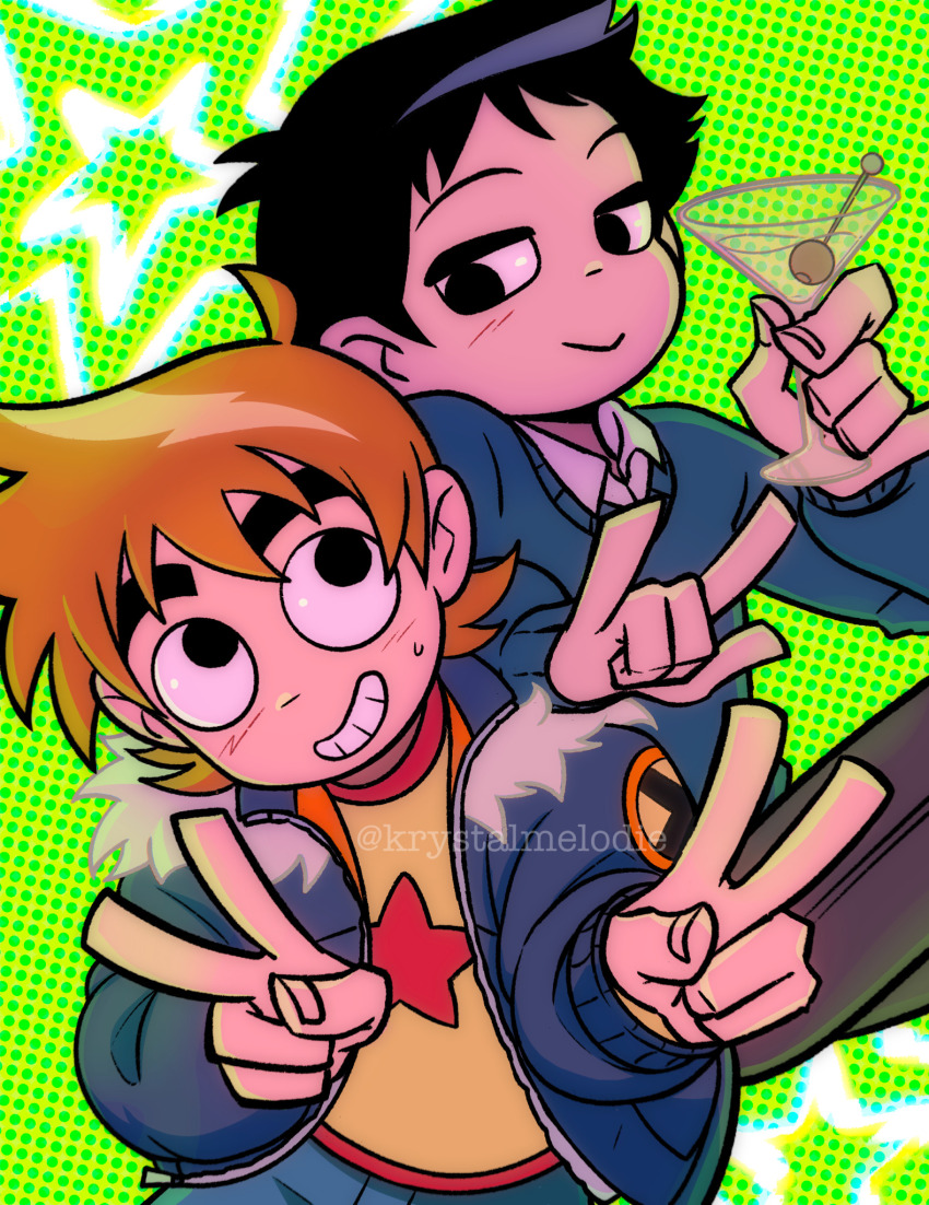 2boys, ahoge, alcohol, black_eyes, black_hair, blush, commentary, english_commentary