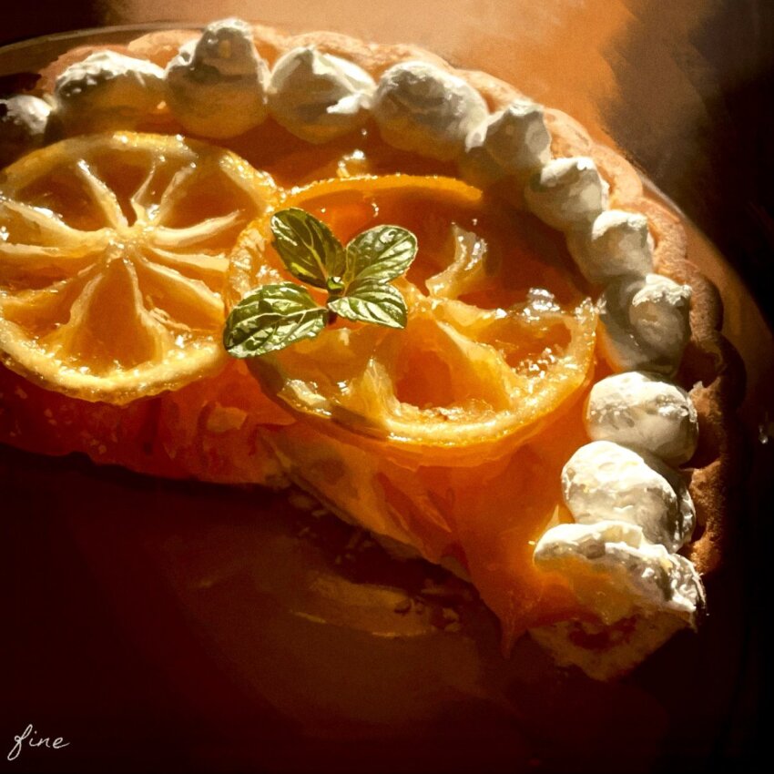 artist_name, fine_9725, food, food_focus, fruit, highres, no_humans, orange_(fruit), orange_slice, orange_tart, original, still_life, tart_(food), whipped_cream