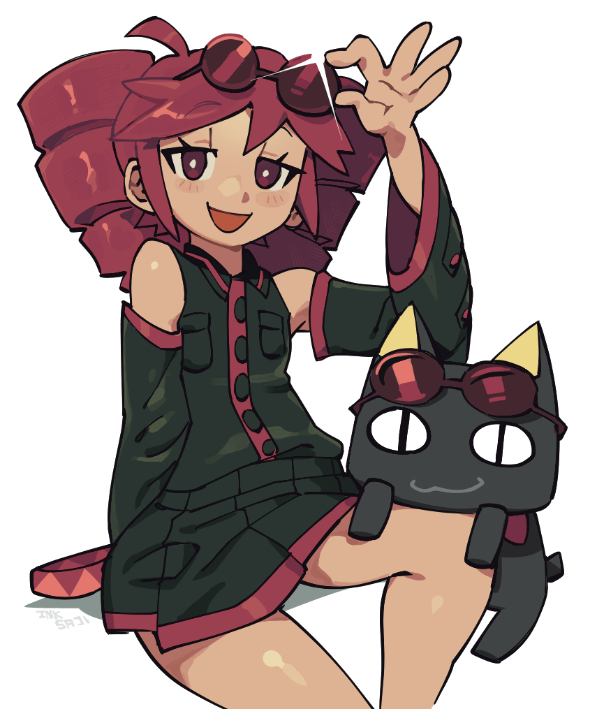 1girl, :3, :d, adjusting_eyewear, ahoge, animal, bare_legs, bare_shoulders