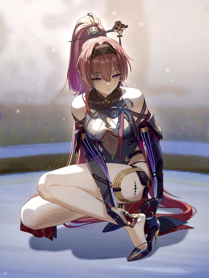 1girl, applying_bandaid, banysun, bare_legs, bare_shoulders, black_dress, black_footwear, black_gloves