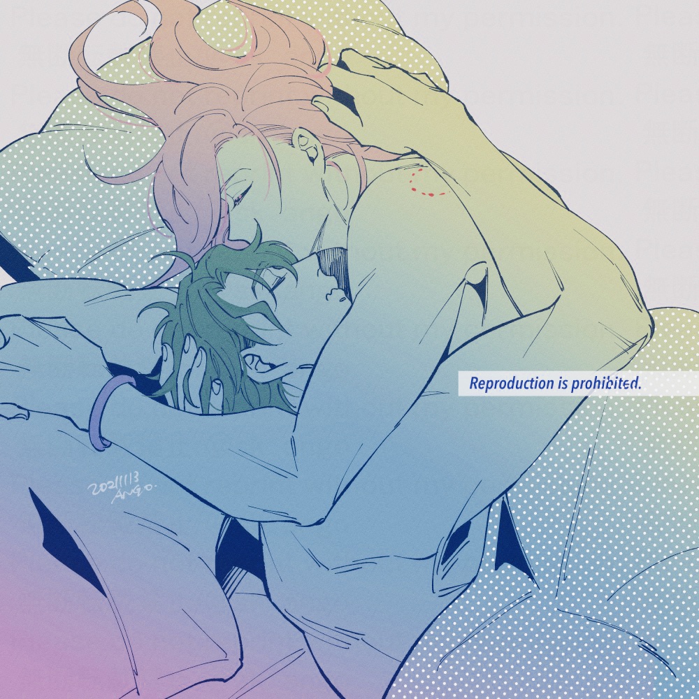 2boys, ango_(f_ango), bara, bite_mark, bracelet, cherry_blossom_(sk8), closed_eyes, closed_mouth