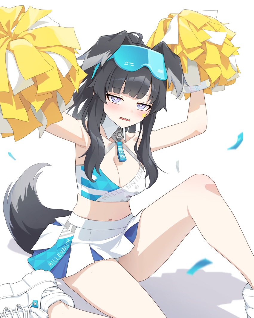 1girl, absurdres, animal_ears, arms_up, bare_shoulders, black_hair, blue_archive, blush