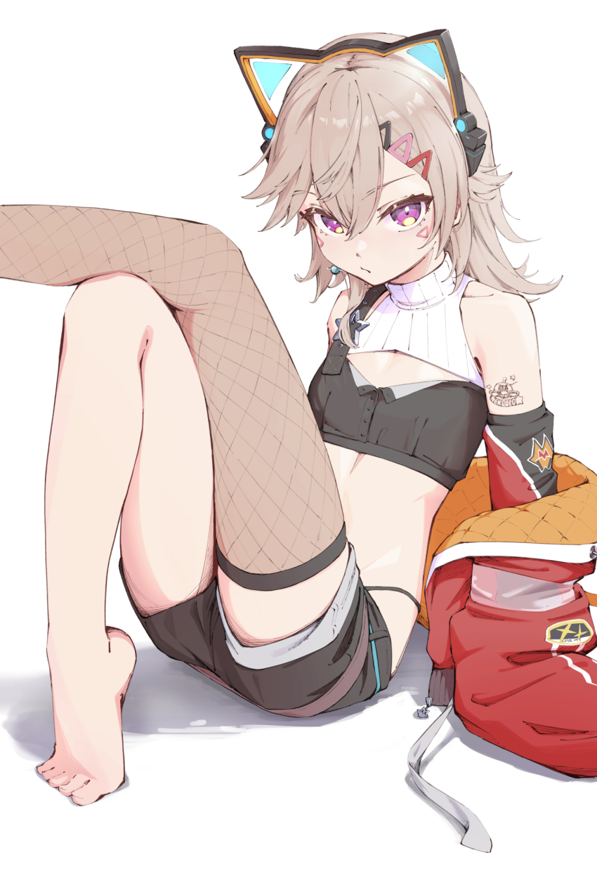 1girl, animal_ear_hairband, animal_ears, arm_tattoo, barefoot, black_bustier, black_shorts, bomber_jacket