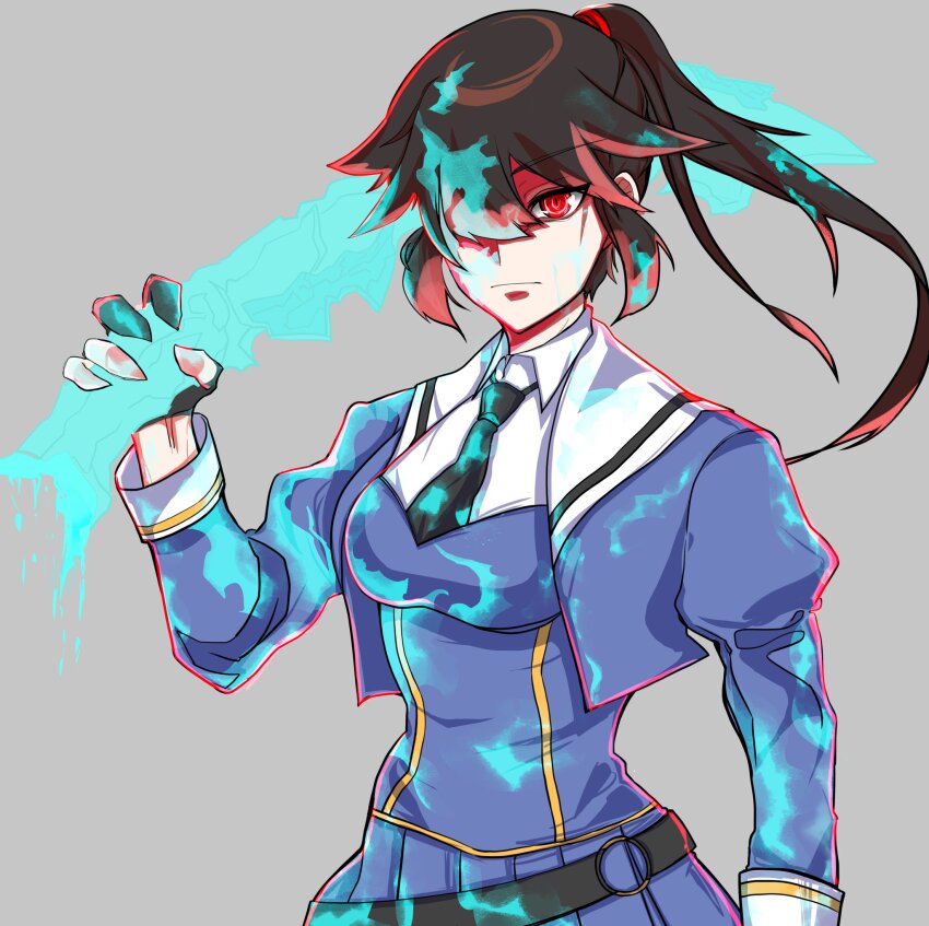 1girl, arm_at_side, assault_lily, belt, black_belt, black_gloves, black_hair, black_necktie