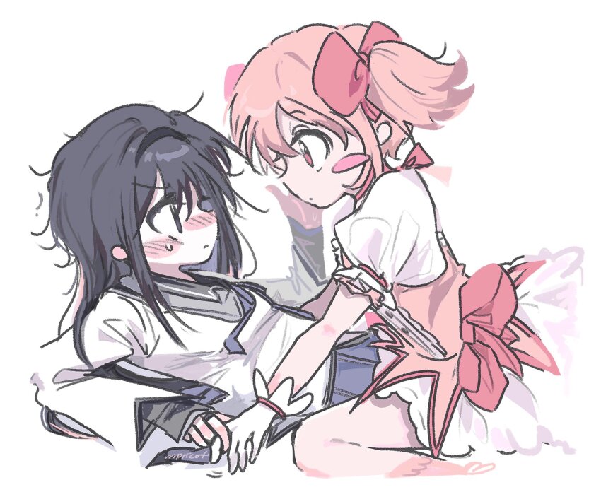 2girls, akemi_homura, akemi_homura_(magical_girl), black_hair, black_hairband, blush, blush_stickers, bow, closed_mouth, dress, eye_contact, gloves, hair_bow, hairband, hand_on_another's_face, highres, holding_hands, kaname_madoka, kaname_madoka_(magical_girl), kerimka31328031, long_hair, long_sleeves, looking_at_another, mahou_shoujo_madoka_magica, multiple_girls, pink_bow, pink_dress, pink_eyes, pink_hair, pleated_skirt, shirt, simple_background, skirt, straddling, sweatdrop, twintails, white_background, white_dress, white_gloves, white_shirt, yuri