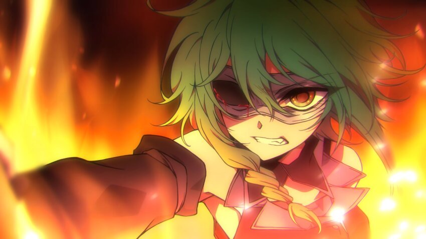 1girl, aiming_up, angry, arm_warmers, arson, black_collar, black_sleeves, blood