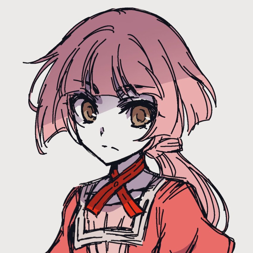 1girl, blunt_bangs, brown_eyes, choker, evillious_nendaiki, expressionless, flat_chest, frown