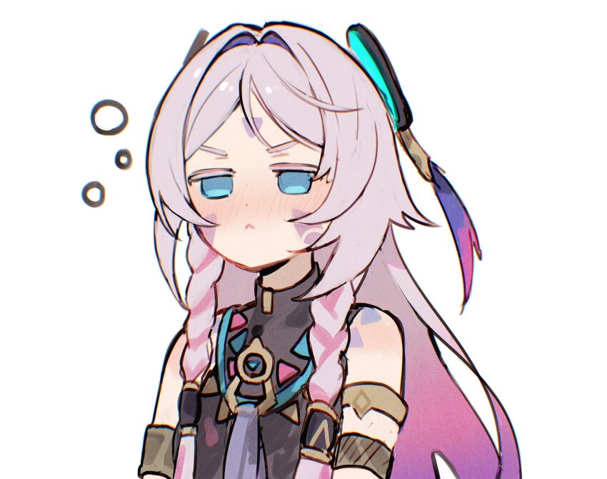 1girl, bare_shoulders, blue_eyes, braid, citlali_(genshin_impact), closed_eyes, drunk, genshin_impact