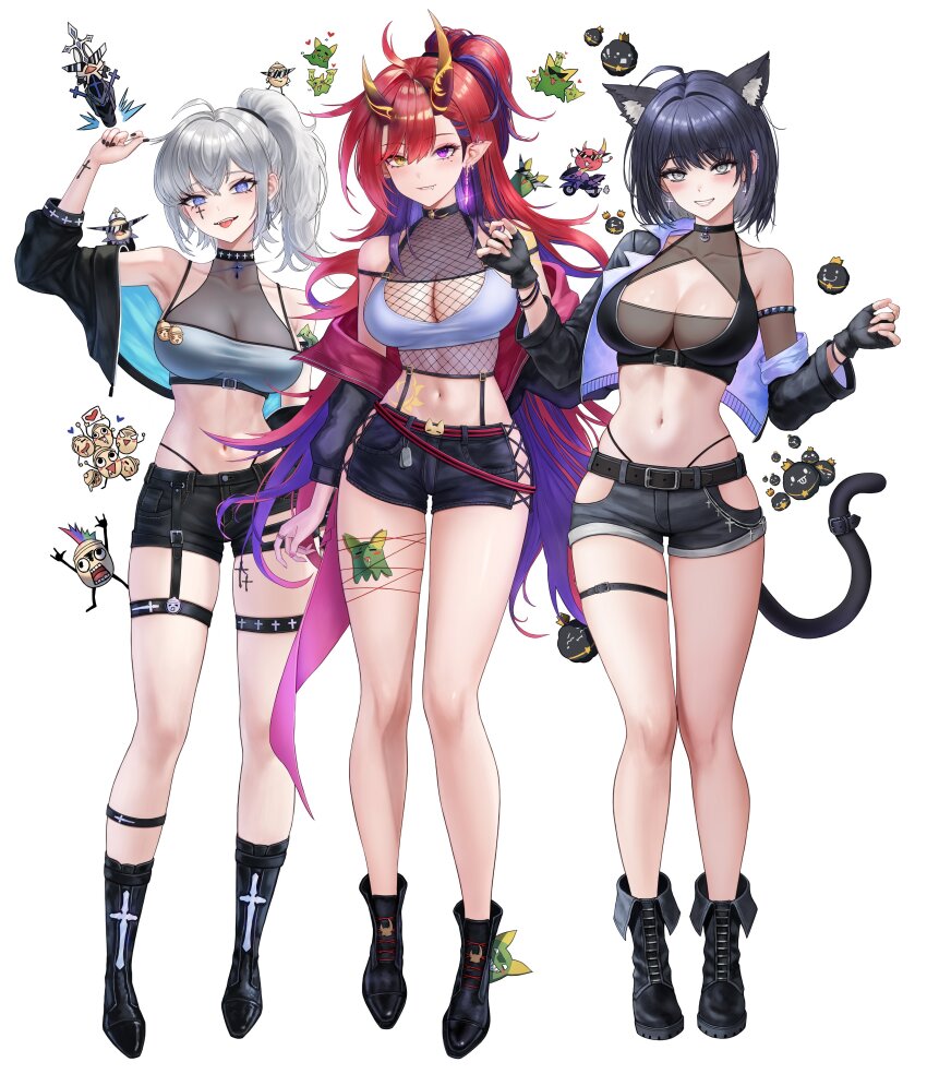 3girls, absurdres, ahoge, alternate_costume, animal_ears, ankle_strap, arm_strap, arm_up