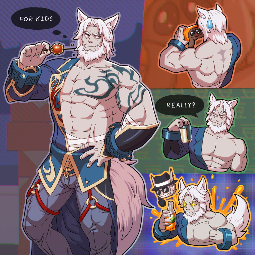 2boys, abs, animal_ears, bara, bare_shoulders, beard, belt, blue_pants