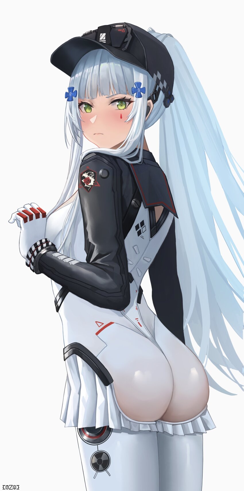 1girl, absurdres, ass, baseball_cap, black_bodysuit, blue_hair, blush, bodysuit