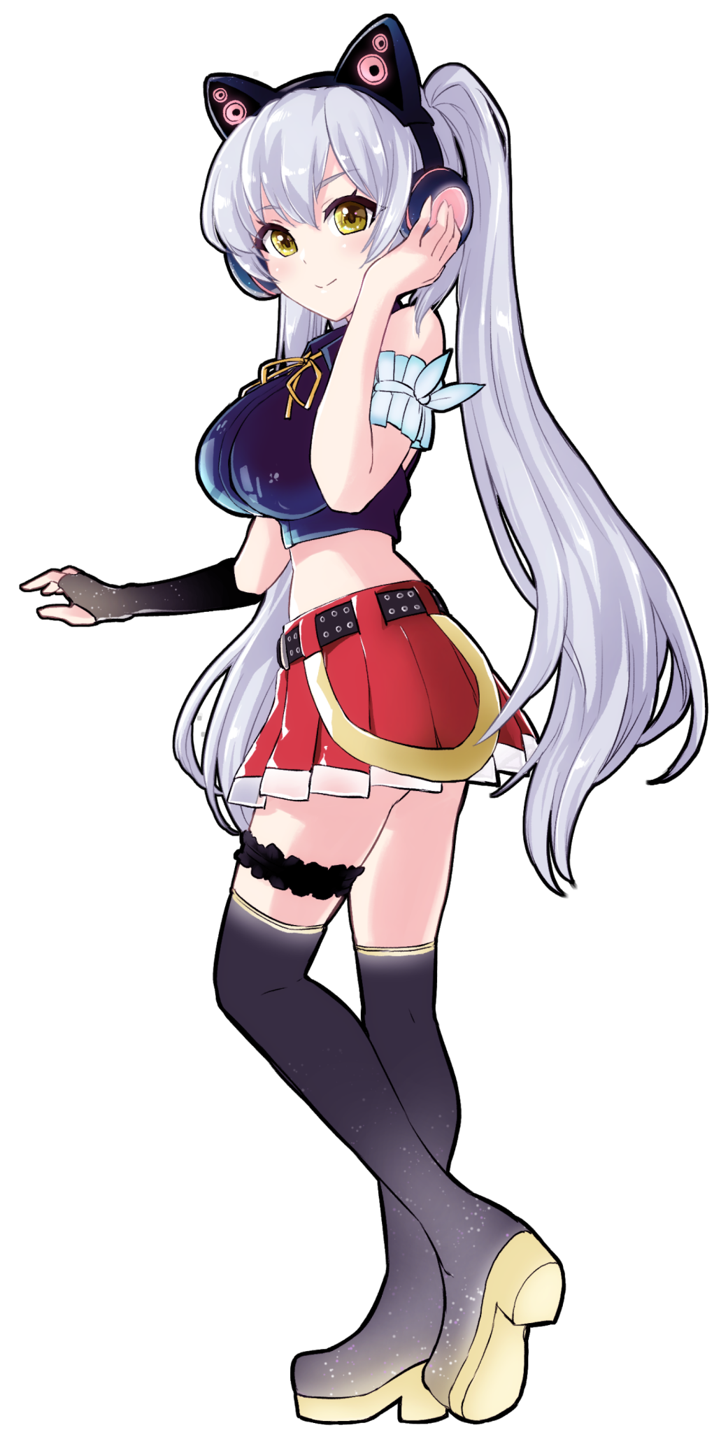 1girl, animal_ear_headphones, animal_ears, armband, bare_shoulders, belt, black_belt, black_gloves