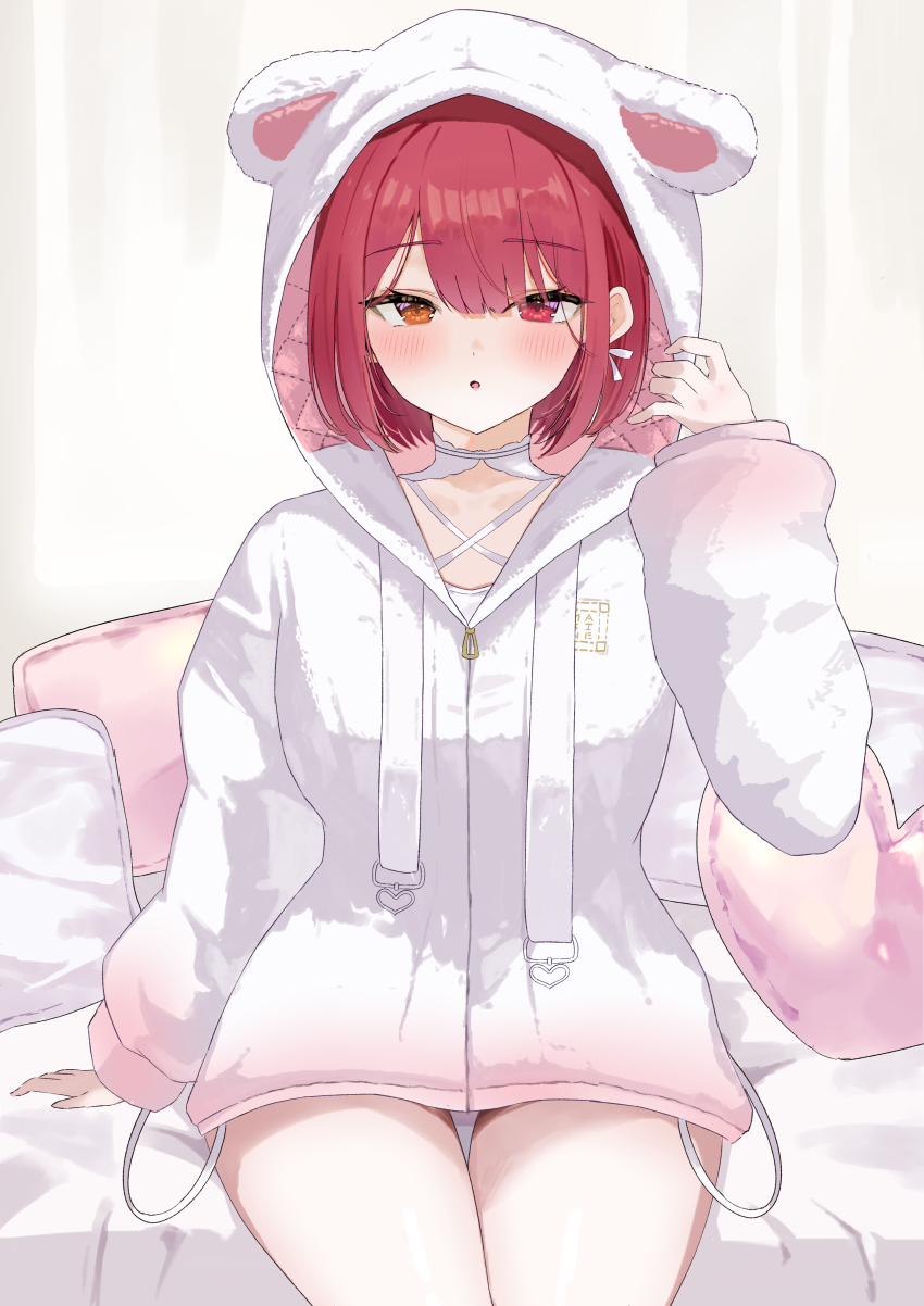 1girl, absurdres, blush, bow, bow_earrings, earrings, halterneck, heterochromia