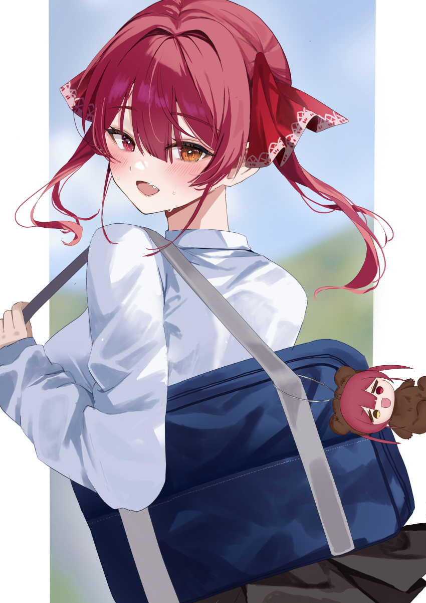 1girl, absurdres, alternate_costume, bag, black_skirt, blue_bag, blush, fang