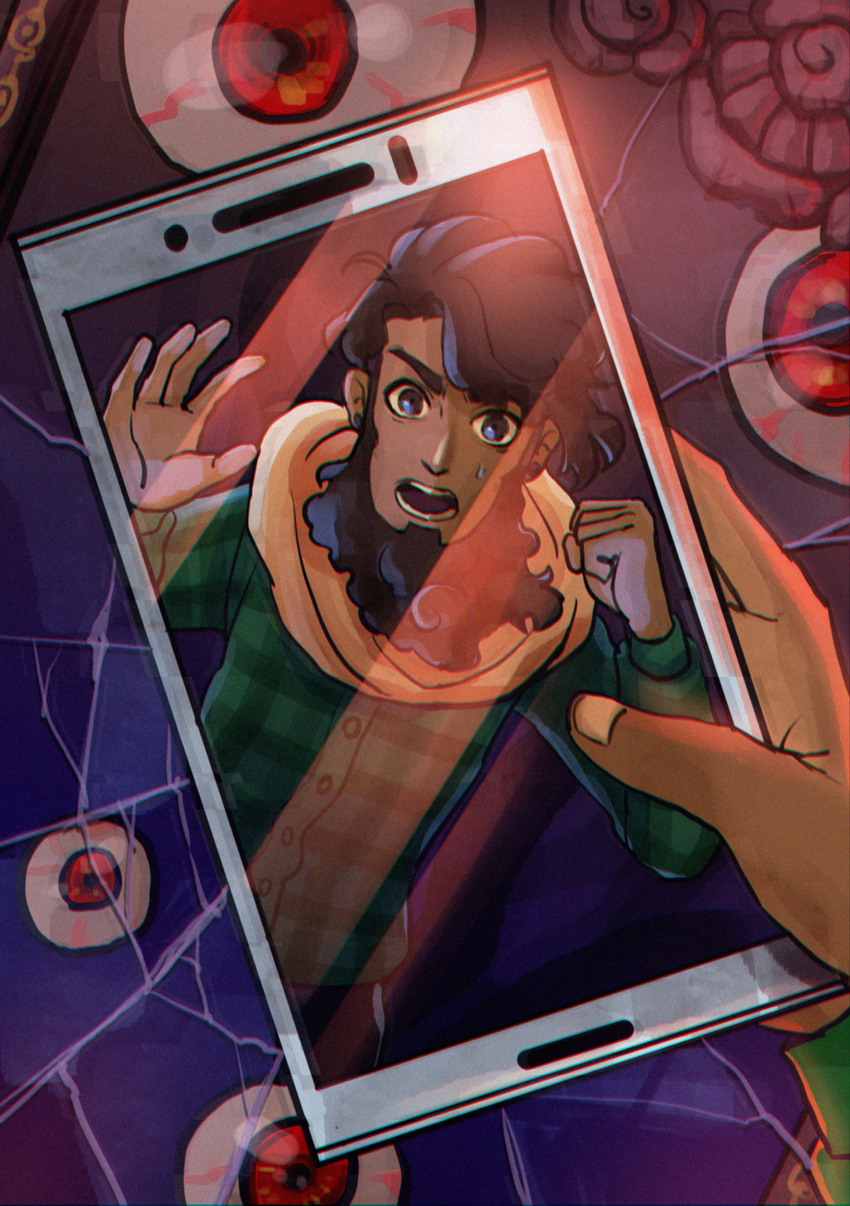 1boy, beard, blue_eyes, brown_hair, celeste_(game), coat, crack, cracked_glass