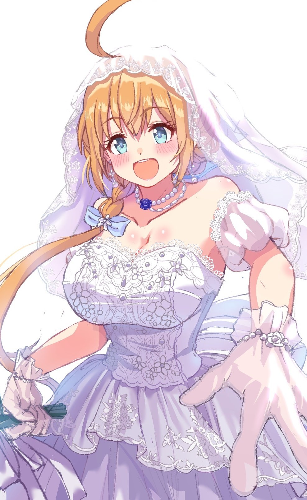 1girl, ahoge, blue_eyes, bouquet, braid, breasts, bridal_veil, bride