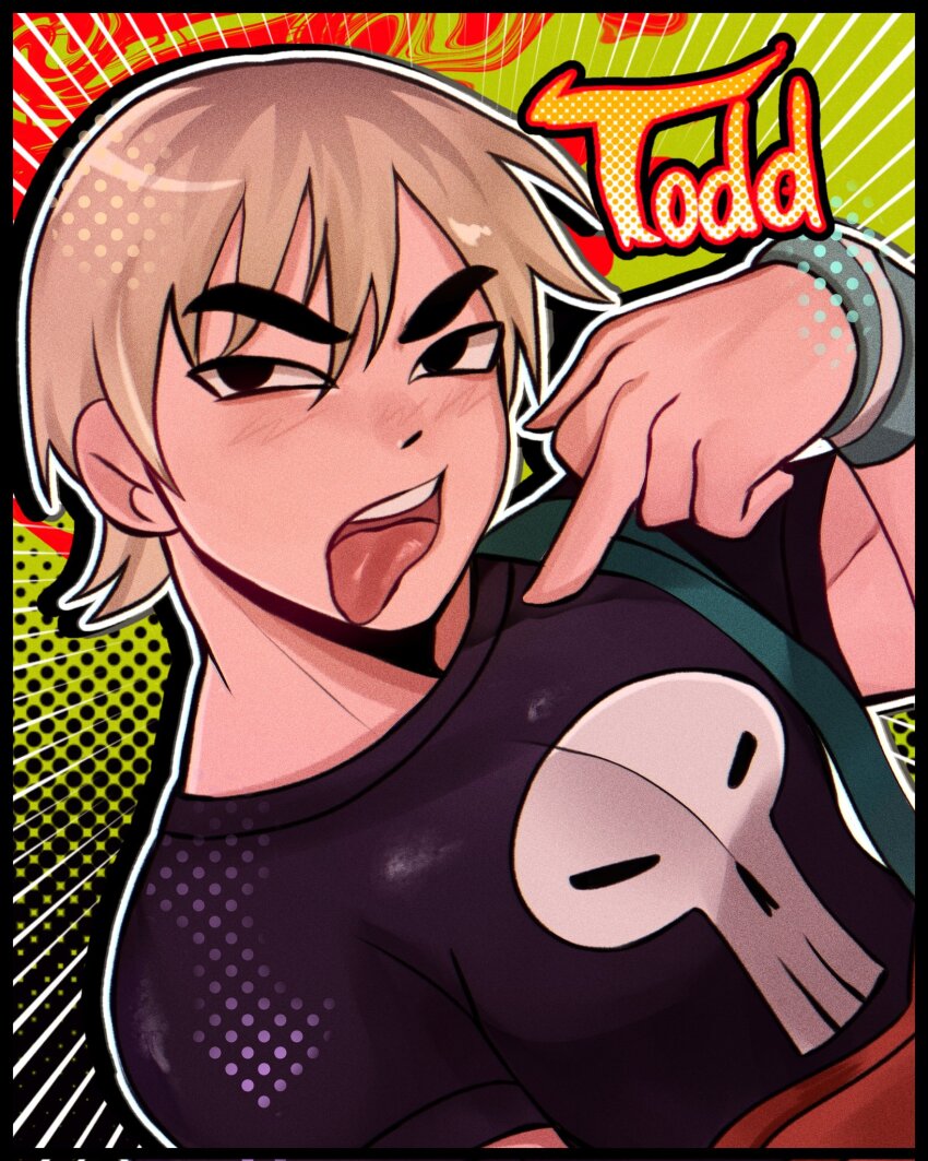 1boy, abstract_background, black_eyes, black_shirt, blonde_hair, blush, character_name, commentary