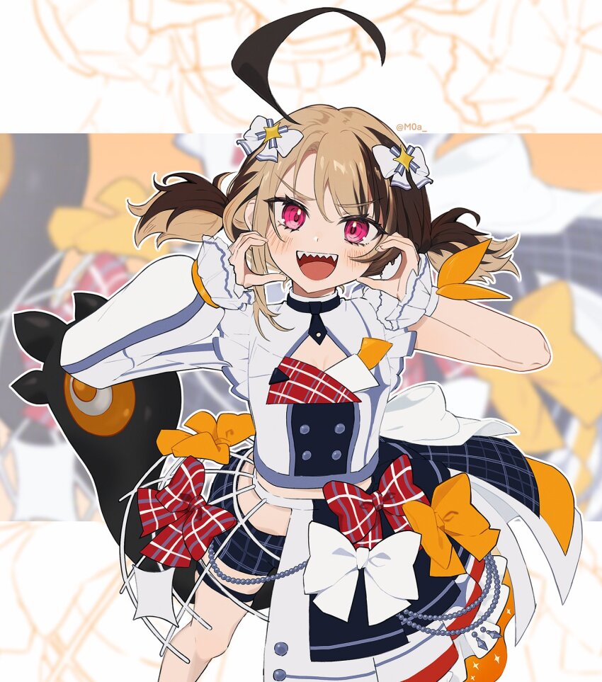 1girl, ahoge, bow, brown_hair, gigi_murin, hair_bow, half-skirt, heart