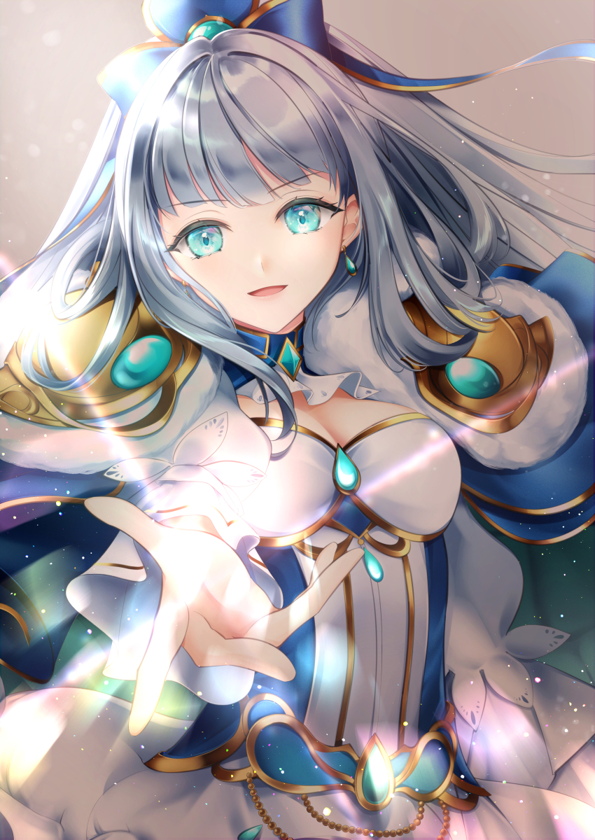 1girl, absurdres, airis_(shironeko_project), aoyum, blue_eyes, blue_ribbon, breasts, cape, cleavage, hair_ribbon, highres, jewelry, long_hair, open_mouth, queen, reaching, reaching_towards_viewer, ribbon, shironeko_project, solo, white_hair