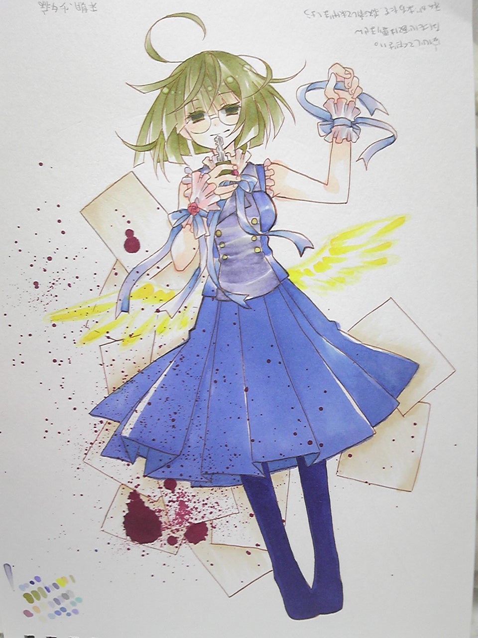 1girl, ahoge, blood, blood_splatter, blue_pantyhose, blue_ribbon, blue_shirt, blue_skirt