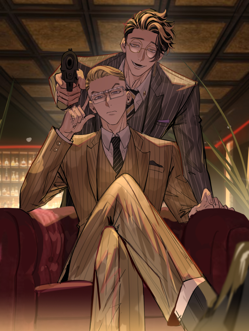 2boys, absurdres, adjusting_eyewear, aiming, aiming_at_viewer, bar_(place), black_hair, blonde_hair