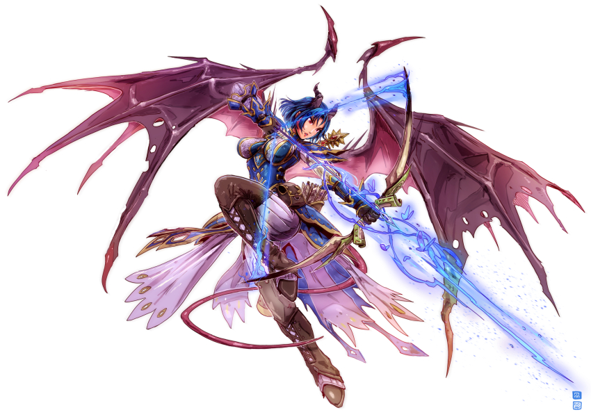 1girl, arrow_(projectile), arueshalae, belt_pouch, blue_butterfly, blue_hair, boots, bow_(weapon)