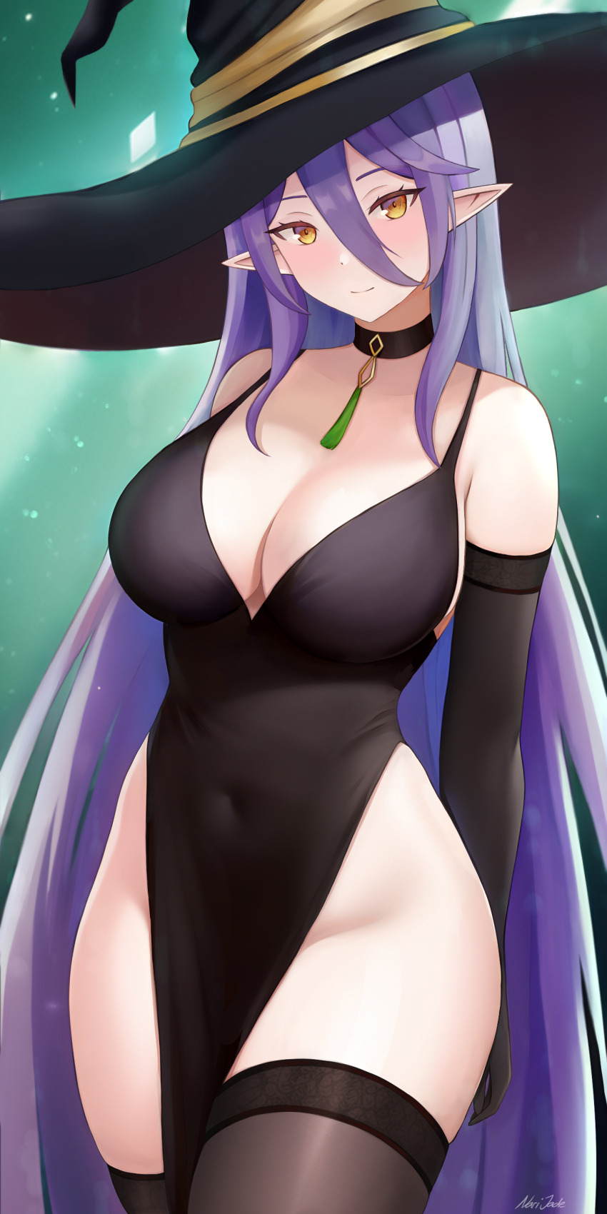 1girl, absurdres, aria_(epic_seven), bare_shoulders, black_choker, black_dress, black_gloves, black_thighhighs