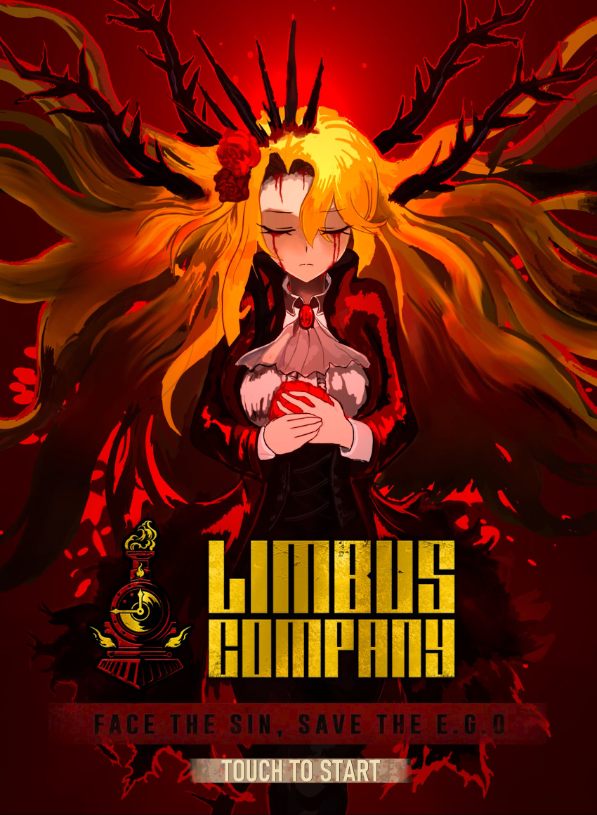 1girl, absurdres, ascot, black_corset, blonde_hair, blood, bloody_tears, brooch, closed_eyes, closed_mouth, coat, collared_shirt, commentary, commentary_request, copyright_name, corset, don_quixote_(project_moon), e.g.o_(project_moon), english_commentary, flower, frilled_shirt, frills, gem, hair_flower, hair_ornament, highres, jewelry, korean_commentary, limbus_company, long_hair, long_sleeves, mixed-language_commentary, prismglasses, project_moon, red_background, red_coat, red_flower, rose, shirt, solo, thorns, white_shirt, yearning-mircalla_(e.g.o)