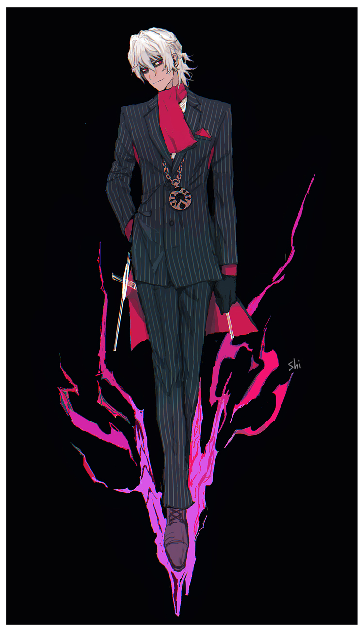 1boy, antonio_salieri_(fate), antonio_salieri_(second_ascension)_(fate), arm_at_side, artist_name, aura, black_background, black_gloves, black_jacket, black_pants, border, brown_shoes, chromatic_aberration, closed_mouth, fate/grand_order, fate_(series), full_body, gloves, hair_between_eyes, hair_intakes, half_updo, hand_in_pocket, handkerchief, highres, jacket, knife, lapels, loafers, long_sleeves, looking_at_another, male_focus, medallion, notched_lapels, pants, pinstripe_jacket, pinstripe_pants, pinstripe_pattern, pocket_square, red_eyes, ringed_eyes, shiroki1020556, shirt, shoes, short_hair, simple_background, smile, solo, striped_clothes, striped_jacket, striped_pants, vertical-striped_clothes, vertical-striped_jacket, vertical-striped_pants, weapon, white_border, white_hair, white_shirt