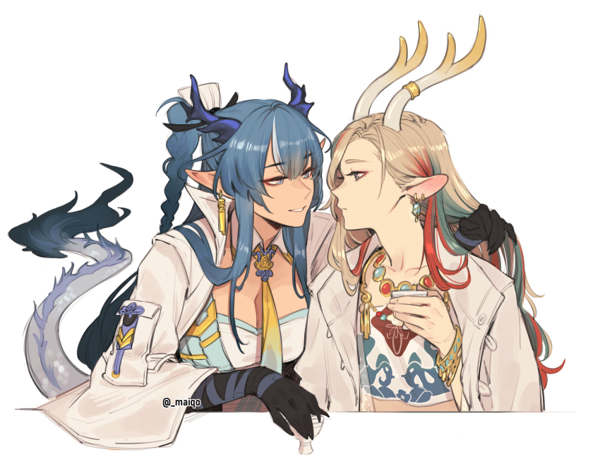 2girls, a_deer_of_nine_colors, animal_ears, antler_ornament, antler_ring, antlers, arknights, black_gloves