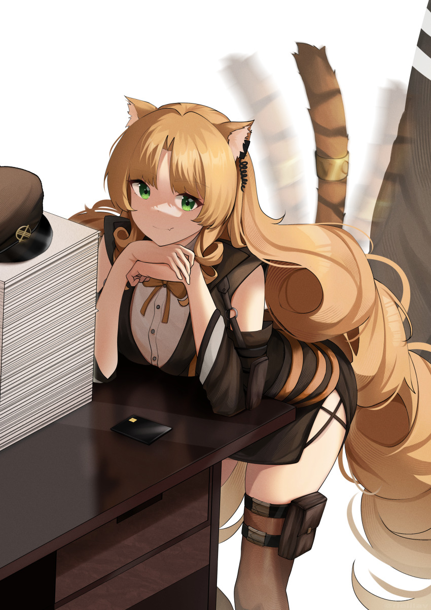 1girl, absurdres, afterimage, animal_ear_fluff, animal_ears, arknights, black_credit_card, black_dress, blonde_hair, bow, breasts, buttons, center_opening, commentary, credit_card, curtained_hair, desk, detached_sleeves, dot_nose, dress, dress_shirt, drill_hair, drill_sidelocks, earpiece, fang, film_grain, green_eyes, hand_on_own_chin, hat, head_rest, highres, large_breasts, lavriell, leaning_on_table, long_hair, looking_at_viewer, o-ring, paper, paper_stack, paperwork, pouch, see-through_clothes, see-through_legwear, shirt, short_dress, side_drill, sidelocks, simple_background, skin_fang, smile, solo, swire_(arknights), tail, tail_ornament, tail_ring, tail_wagging, thigh_pouch, thighhighs, tiger_ears, tiger_girl, tiger_tail, unworn_headwear, very_long_hair, white_background, yellow_bow