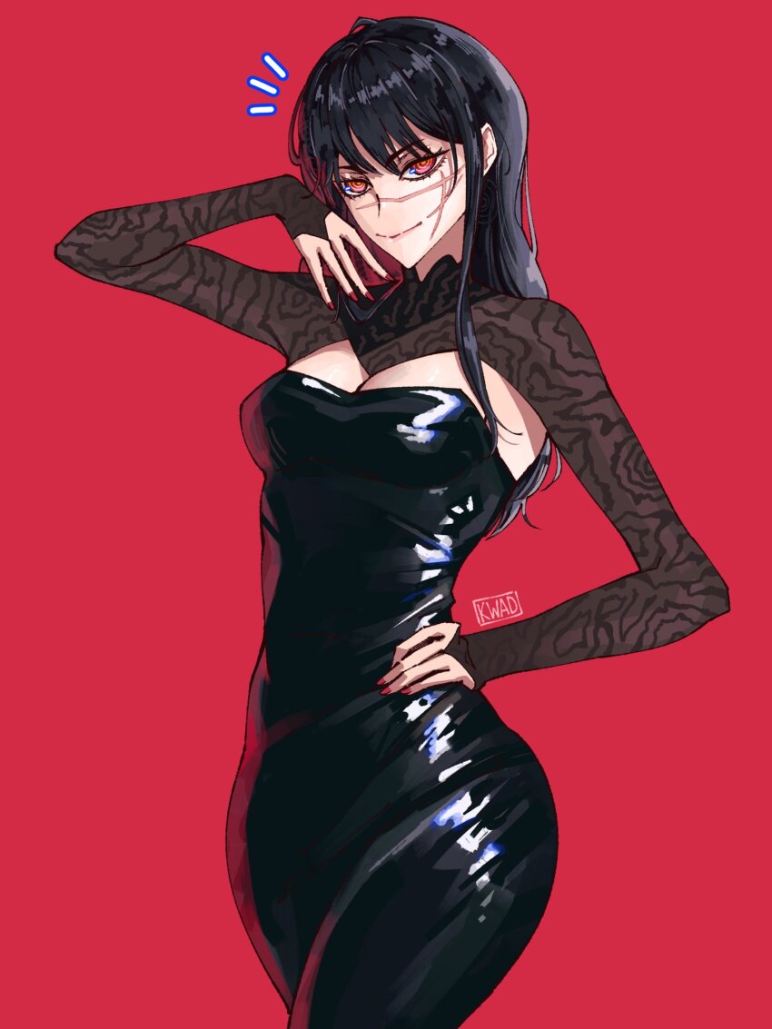 1girl, artist_name, black_hair, chainsaw_man, cowboy_shot, dress, hand_on_own_hip, highres, kwadarth, long_hair, long_sleeves, nail_polish, notice_lines, red_background, red_eyes, red_nails, scar, scar_across_eye, scar_on_face, scar_on_nose, simple_background, smile, solo, standing, tight_clothes, yoru_(chainsaw_man)