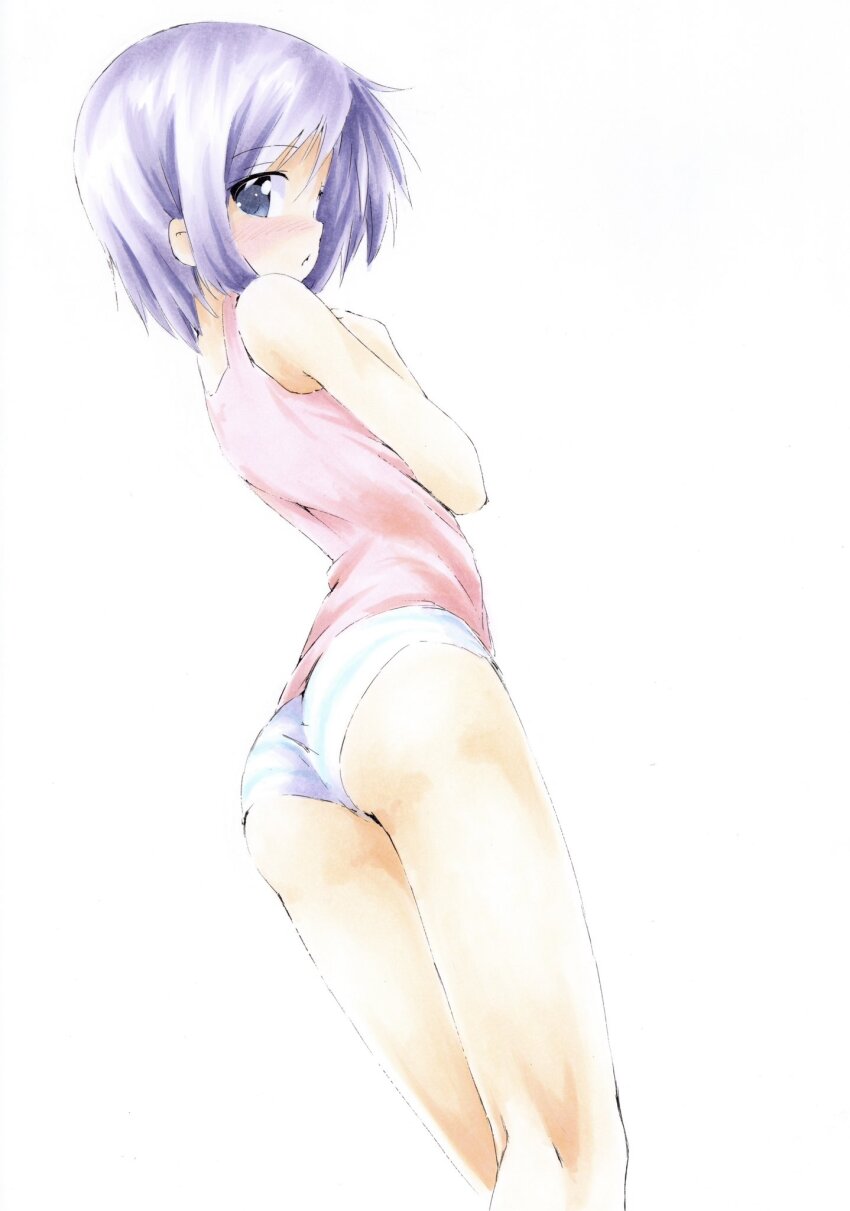 1girl, ass, blue_eyes, blush, commentary, from_behind, from_below, highres, hiiragi_tsukasa, looking_back, lucky_star, nose_blush, panties, parted_lips, purple_hair, shiki_59, short_hair, solo, striped_clothes, striped_panties, untranslatable_commentary, tank_top, underwear