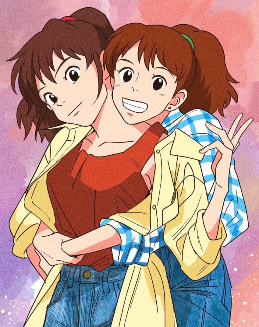 2girls, black_eyes, brown_hair, brown_tank_top, coat, commentary_request, company_connection, creator_connection