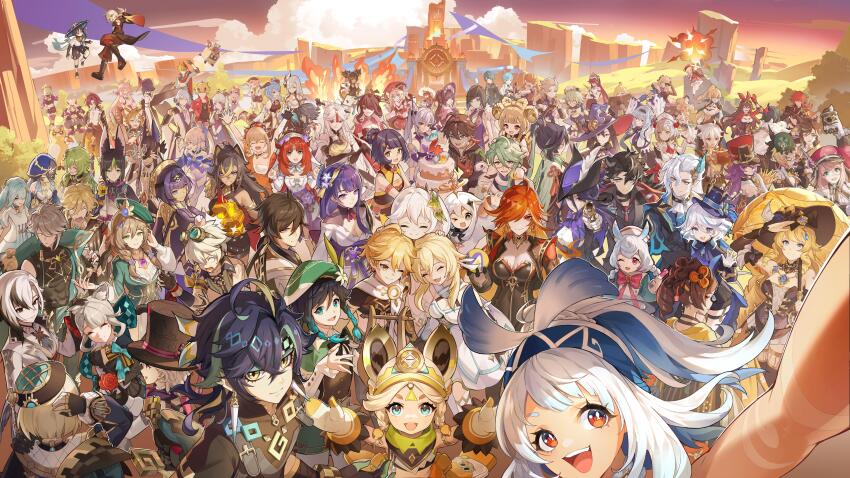 2024_summer_olympics, 6+boys, 6+girls, absolutely_everyone, absurdres, aether_(genshin_impact), ahoge, albedo_(genshin_impact), alhaitham_(genshin_impact), aloy_(horizon), amber_(genshin_impact), animal_ears, anniversary, arataki_itto, arlecchino_(genshin_impact), artist_request, ayaka_(genshin_impact), baizhu_(genshin_impact), barbara_(genshin_impact), beidou_(genshin_impact), bennett_(genshin_impact), biker_clothes, bikesuit, black_bodysuit, black_eyes, black_gloves, black_hair, blue_eyes, blue_hair, bodysuit, breasts, cake, candace_(genshin_impact), cat_girl, charlotte_(genshin_impact), chevreuse_(genshin_impact), chinese_clothes, chiori_(genshin_impact), chongyun_(genshin_impact), cleavage, clorinde_(genshin_impact), closed_eyes, closed_mouth, collei_(genshin_impact), cosplay, cyno_(genshin_impact), dehya_(genshin_impact), diluc_(genshin_impact), diona_(genshin_impact), dori_(genshin_impact), earrings, emilie_(genshin_impact), eula_(genshin_impact), everyone, explosion, faruzan_(genshin_impact), fire, fischl_(genshin_impact), floating, food, freminet_(genshin_impact), frills, furina_(genshin_impact), gaming_(genshin_impact), ganyu_(genshin_impact), genshin_impact, glasses, gloves, gorou_(genshin_impact), green_hair, guoba_(genshin_impact), hair_between_eyes, hair_ornament, highres, horizon_(game), hu_tao_(genshin_impact), japanese_clothes, jean_(genshin_impact), jewelry, kachina_(genshin_impact), kaedehara_kazuha, kaeya_(genshin_impact), kamisato_ayato, kaveh_(genshin_impact), keqing_(genshin_impact), kinich_(genshin_impact), kirara_(cat)_(genshin_impact), kirara_(genshin_impact), klee_(genshin_impact), kujou_sara, kuki_shinobu, layla_(genshin_impact), lisa_(a_sobriquet_under_shade)_(genshin_impact), lisa_(genshin_impact), long_hair, long_sleeves, looking_at_viewer, lumine_(genshin_impact), lynette_(genshin_impact), lyney_(genshin_impact), mavuika_(genshin_impact), mika_(genshin_impact), mona_(genshin_impact), mualani_(genshin_impact), multicolored_hair, multiple_boys, multiple_girls, nahida_(genshin_impact), navia_(genshin_impact), neuvillette_(genshin_impact), nilou_(breeze_of_sabaa)_(genshin_impact), nilou_(genshin_impact), ningguang_(genshin_impact), noelle_(genshin_impact), olympics, open_mouth, orange_eyes, orange_hair, outdoors, paimon_(genshin_impact), purple_eyes, purple_hair, qiqi_(genshin_impact), raiden_shogun, razor_(genshin_impact), red-framed_eyewear, red_hair, rosaria_(genshin_impact), sangonomiya_kokomi, sayu_(genshin_impact), scaramouche_(genshin_impact), second-party_source, sethos_(genshin_impact), shenhe_(genshin_impact), shikanoin_heizou, short_hair, sigewinne_(genshin_impact), single_earring, smile, streaked_hair, sucrose_(genshin_impact), symbol-shaped_pupils, symbol_in_eye, tartaglia_(genshin_impact), thoma_(genshin_impact), tighnari_(genshin_impact), two-tone_hair, venti_(genshin_impact), very_long_hair, wanderer_(genshin_impact), when_you_see_it, white_hair, wriothesley_(genshin_impact), x-shaped_pupils, xiangling_(genshin_impact), xianyun_(genshin_impact), xiao_(genshin_impact), xingqiu_(genshin_impact), xinyan_(genshin_impact), yae_miko, yanfei_(genshin_impact), yaoyao_(genshin_impact), yelan_(genshin_impact), yellow_eyes, yoimiya_(genshin_impact), yun_jin_(genshin_impact), yusuf_dikec, yusuf_dikec_(cosplay), zhongli_(genshin_impact)