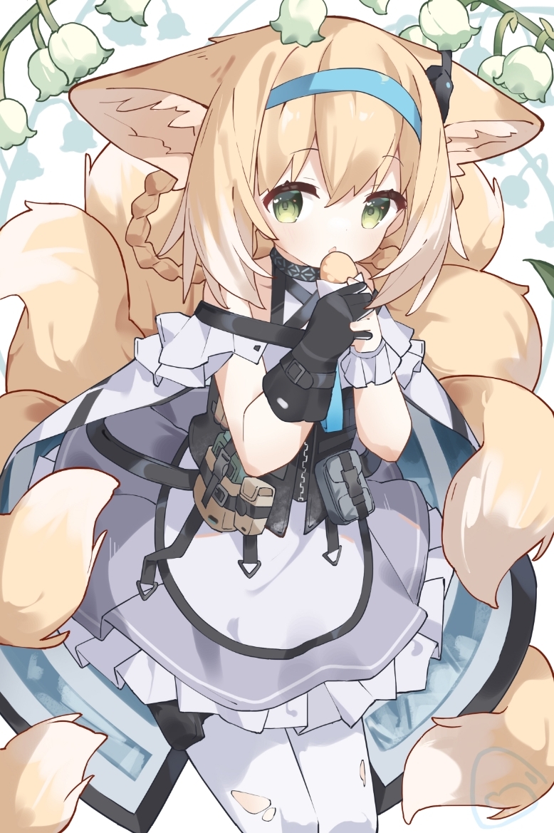 1girl, animal_ears, arknights, black_gloves, blonde_hair, blue_hairband, chinese_commentary, commentary_request
