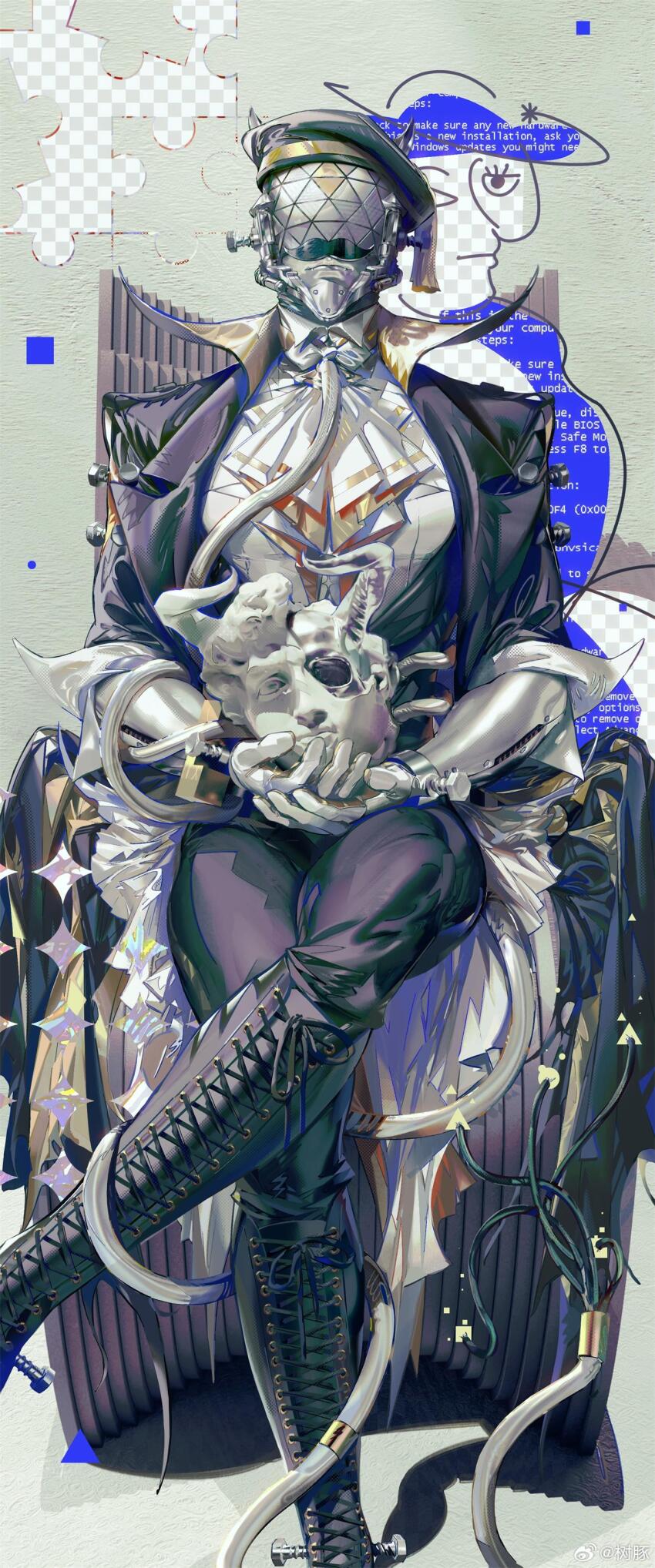 1boy, absurdres, arknights, ascot, black_coat, black_footwear, black_hat, black_pants