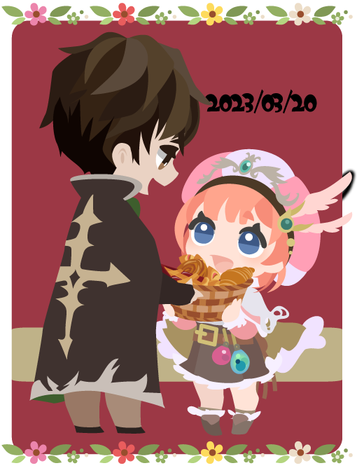 01_(zeroichi_srl), 1boy, 1girl, :d, atelier_(series), atelier_rorona, basket, blue_eyes, bread, brown_cape, brown_eyes, brown_hair, cape, chibi, chibi_only, croissant, dated, dress, flower, food, full_body, hat, holding, holding_basket, long_sleeves, no_lineart, open_mouth, pink_flower, pink_hair, pink_hat, red_background, red_flower, rorolina_frixell, short_hair, smile, standing, sterkenburg_cranach, yellow_flower