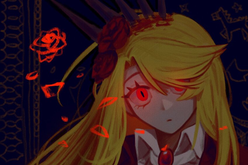 1girl, blonde_hair, blood, blood_in_hair, collared_shirt, don_quixote_(project_moon), e.g.o_(project_moon), flower