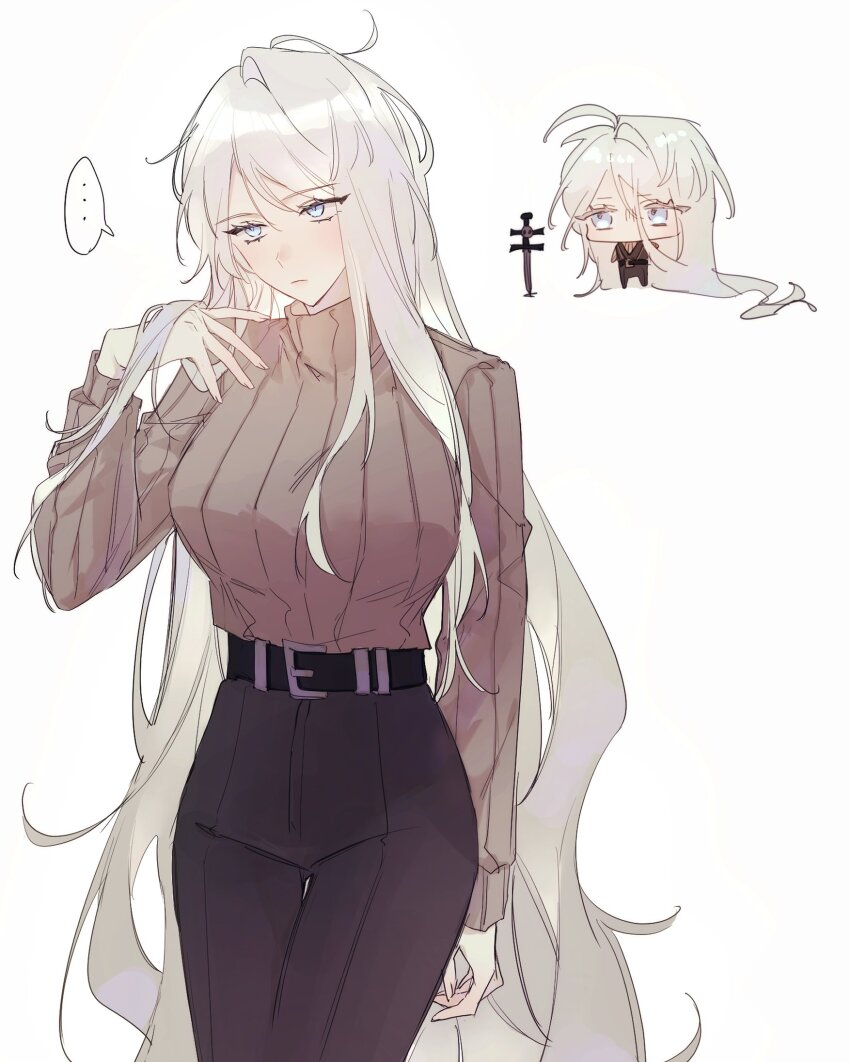 ..., 1girl, alternate_hair_length, alternate_hairstyle, aojiru_oisiiiii, blue_eyes, chibi, faust_(project_moon), highres, limbus_company, pants, project_moon, simple_background, solo, speech_bubble, striped_clothes, sweater, sword, turtleneck, turtleneck_sweater, weapon, white_background, white_hair, zweihander