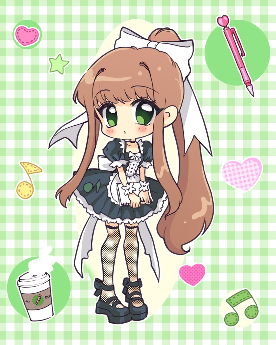 1girl, apron, back_bow, black_dress, black_footwear, bow, brown_hair, buttons