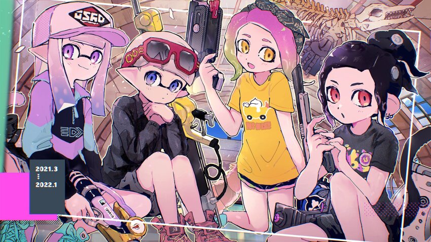 1boy, 2021, 2022, 3girls, arm_up, bandana, baseball_cap, black_hair