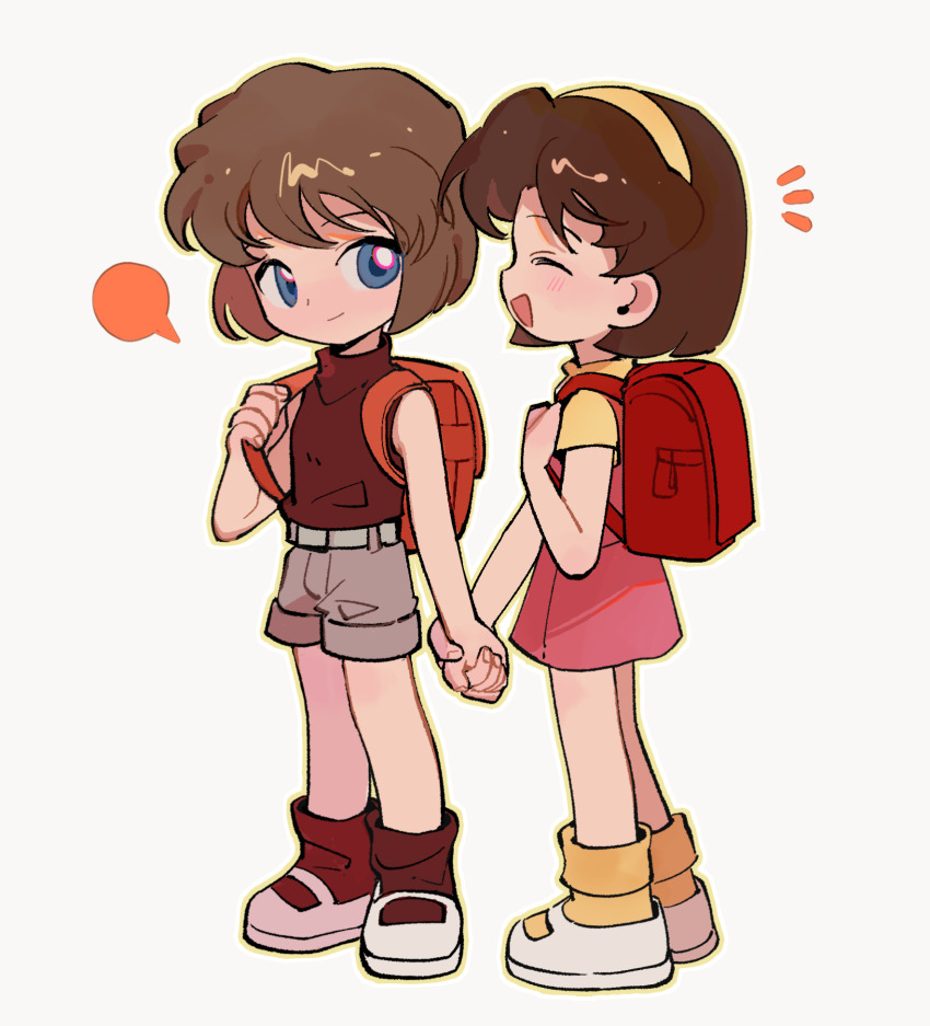 2girls, :d, backpack, bag, belt, blue_eyes, border, brown_hair, child, closed_eyes, closed_mouth, dress, full_body, haibara_ai, hairband, highres, holding_hands, holding_strap, meitantei_conan, multiple_girls, open_mouth, outline, randoseru, red_shirt, red_socks, shirt, shoes, short_hair, short_sleeves, shorts, simple_background, sleeveless, sleeveless_shirt, smile, socks, speech_bubble, standing, turtleneck, white_background, white_border, ya15217084, yellow_hairband, yellow_outline, yellow_socks, yoshida_ayumi