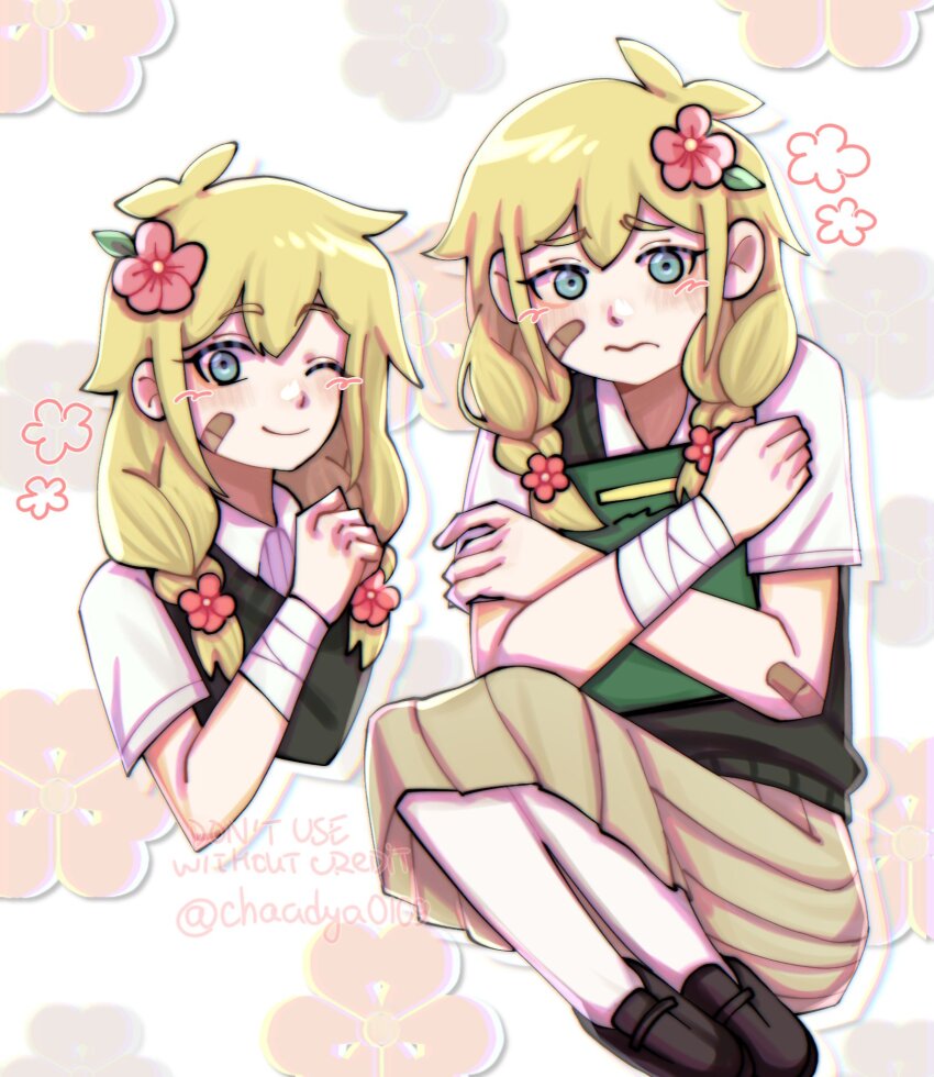 1girl, bandaged_arm, bandages, bandaid, bandaid_on_arm, bandaid_on_face, basil_(faraway)_(omori), basil_(omori), blonde_hair, blue_eyes, blush, braid, brown_skirt, chaadya0109, closed_mouth, collared_shirt, flower, genderswap, genderswap_(mtf), green_sweater_vest, hair_flower, hair_ornament, highres, long_hair, long_skirt, low_twin_braids, omori, pleated_skirt, shirt, short_sleeves, skirt, smile, solo, sweater_vest, twin_braids, twitter_username, white_shirt