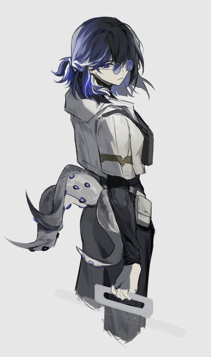 1girl, andreana_(arknights), andreana_(silent_arrow)_(arknights), arknights, black_pants, black_shirt, blue-tinted_eyewear, blue_eyes