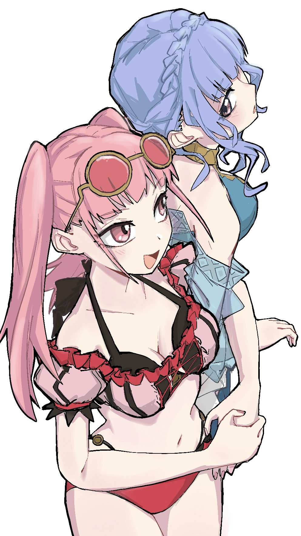 2girls, aaaakunaaaa, bikini, blue_bikini, blue_hair, blush, braid, breasts, brown_eyes, cleavage, commentary_request, crown_braid, eyewear_on_head, fire_emblem, fire_emblem:_three_houses, fire_emblem_heroes, highres, hilda_valentine_goneril, hilda_valentine_goneril_(summer), holding_hands, long_hair, looking_at_another, marianne_von_edmund, marianne_von_edmund_(summer), medium_breasts, multiple_girls, nintendo, official_alternate_costume, pink-tinted_eyewear, pink_bikini, pink_eyes, pink_hair, round_eyewear, short_hair, sidelocks, simple_background, swimsuit, tinted_eyewear, twintails, very_long_hair, white_background